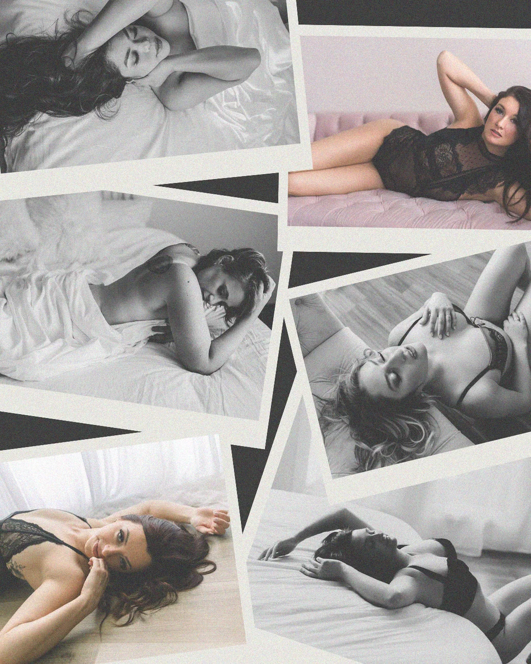 Polaroid-style collage of color and black-and-white boudoir portraits